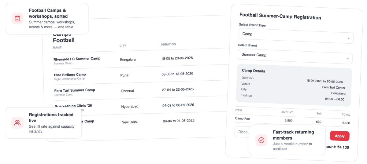 Football camps and tournament registration and payment screen