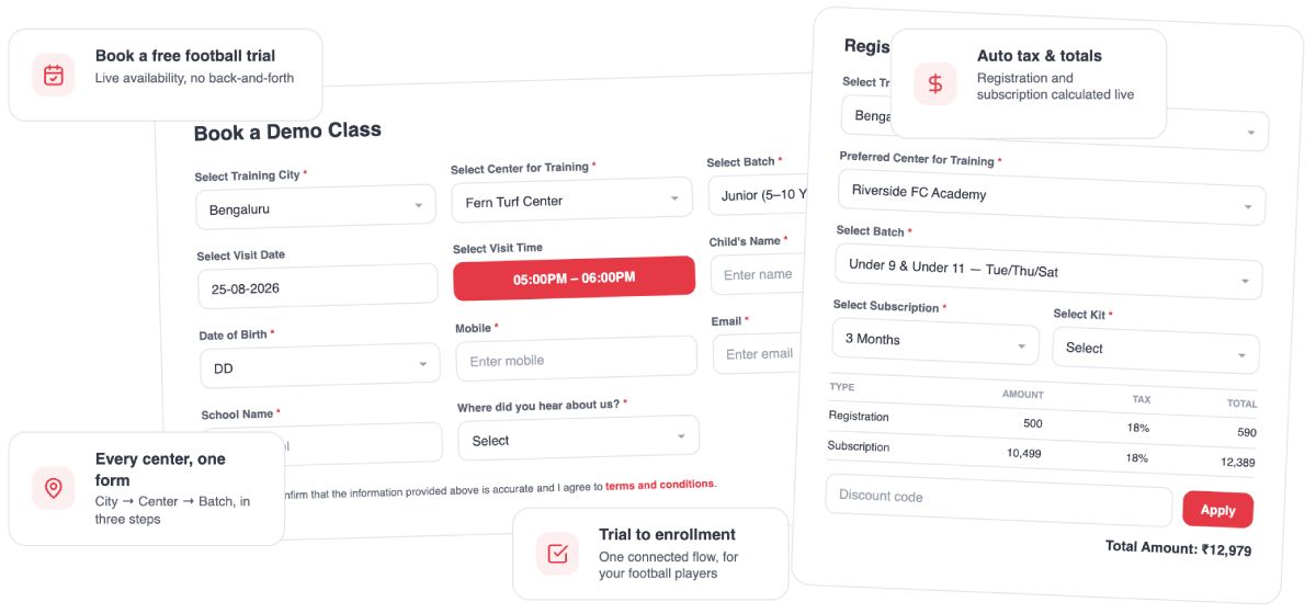 Football academy trial booking and batch enrollment screen