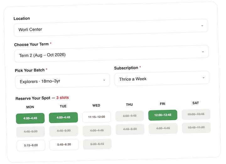 Gymnastics class booking and trial enrollment screen in Sportzy software