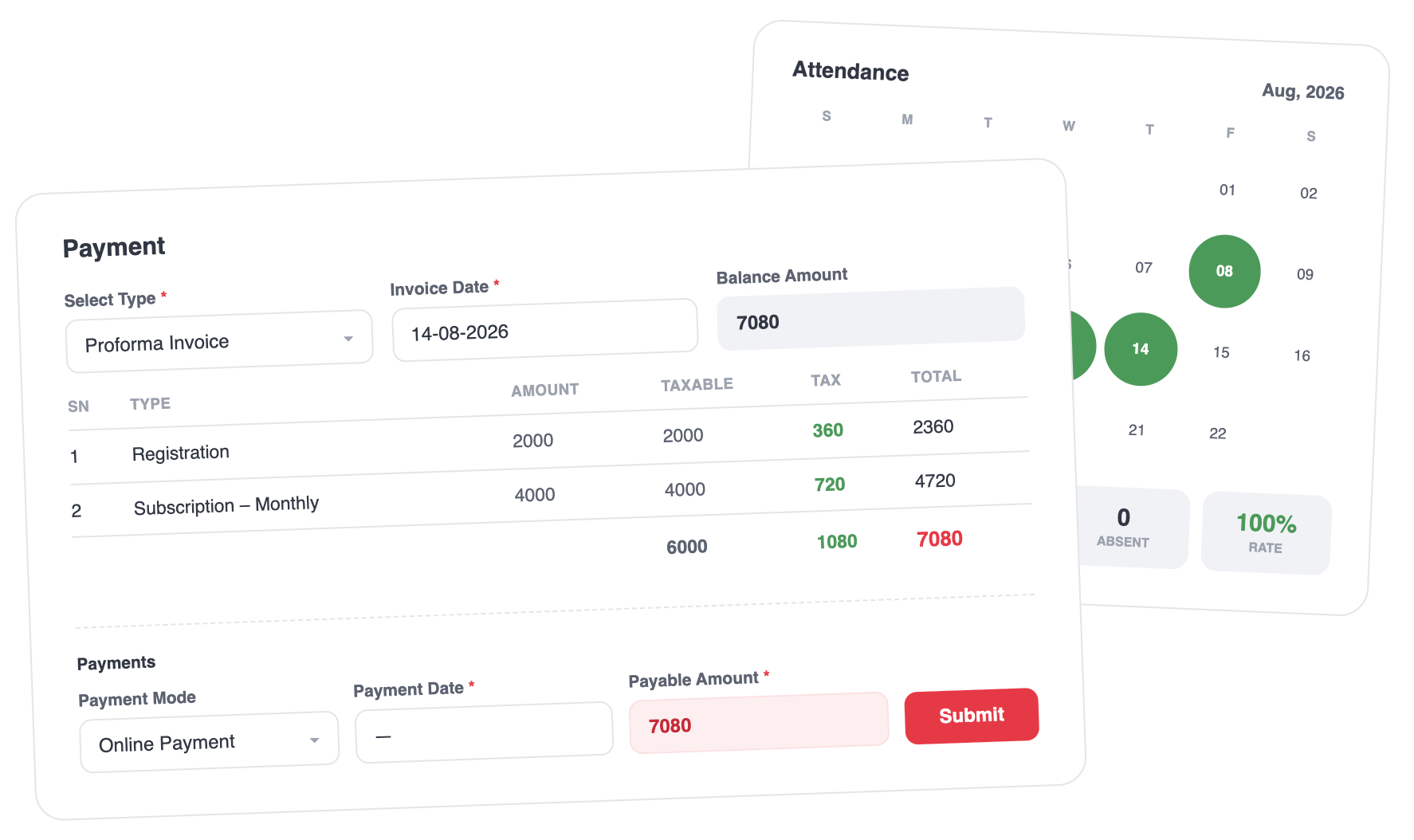 Gymnastics academy payment and attendance tracking dashboard
