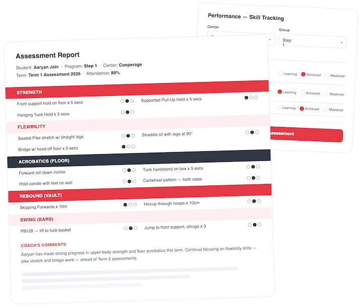 Gymnastics coach skill assessment and parent portal screen