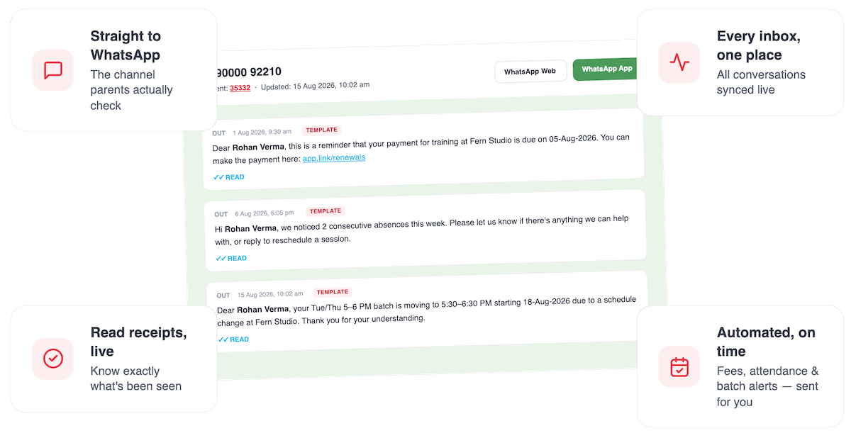 Sports academy software with automated WhatsApp communication and reminders
