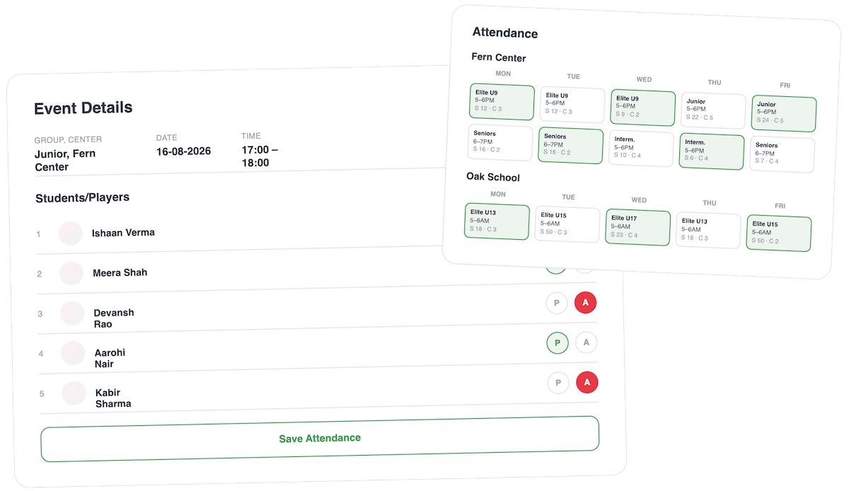 Sportzy attendance tracking software for badminton academies