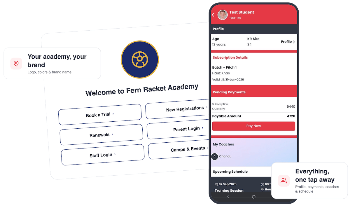Sportzy member and parent portal for badminton academies