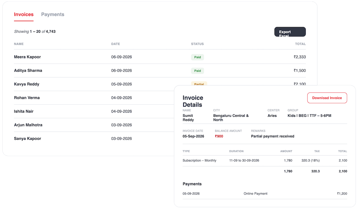 Sportzy payments and fee management dashboard for badminton academies