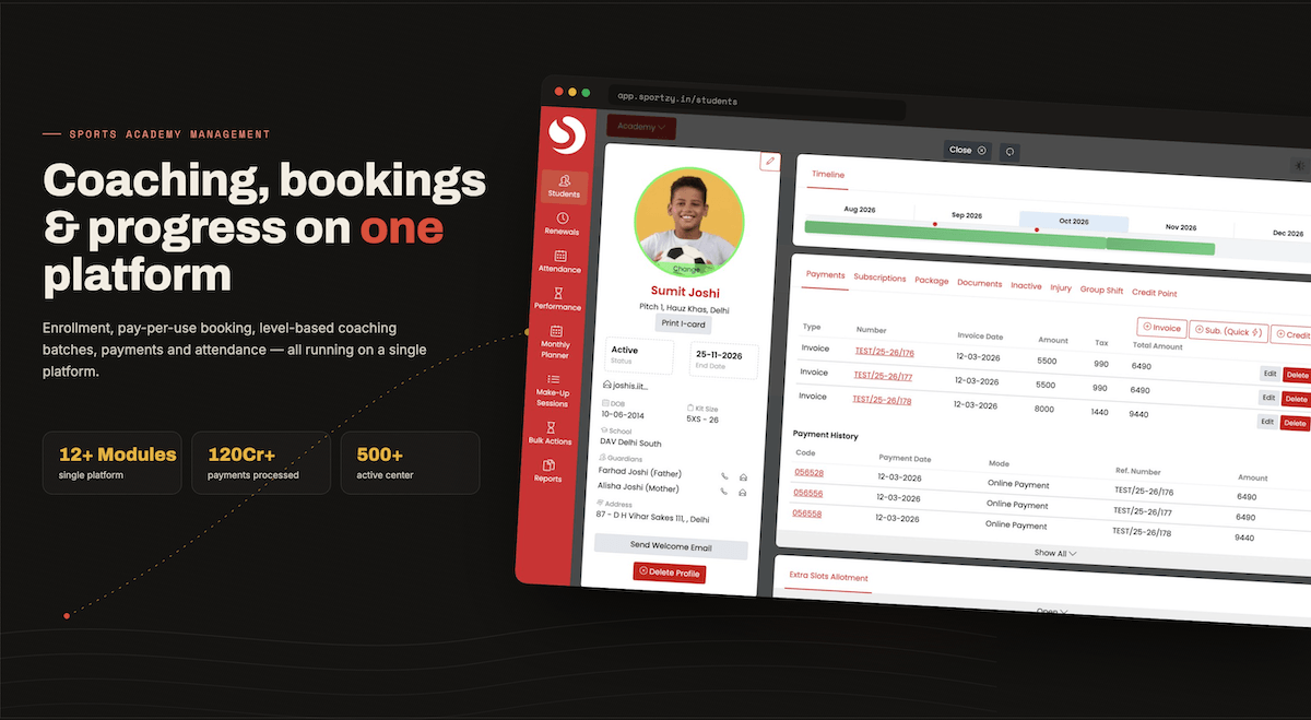 Sportzy all-in-one sports academy management software - all features