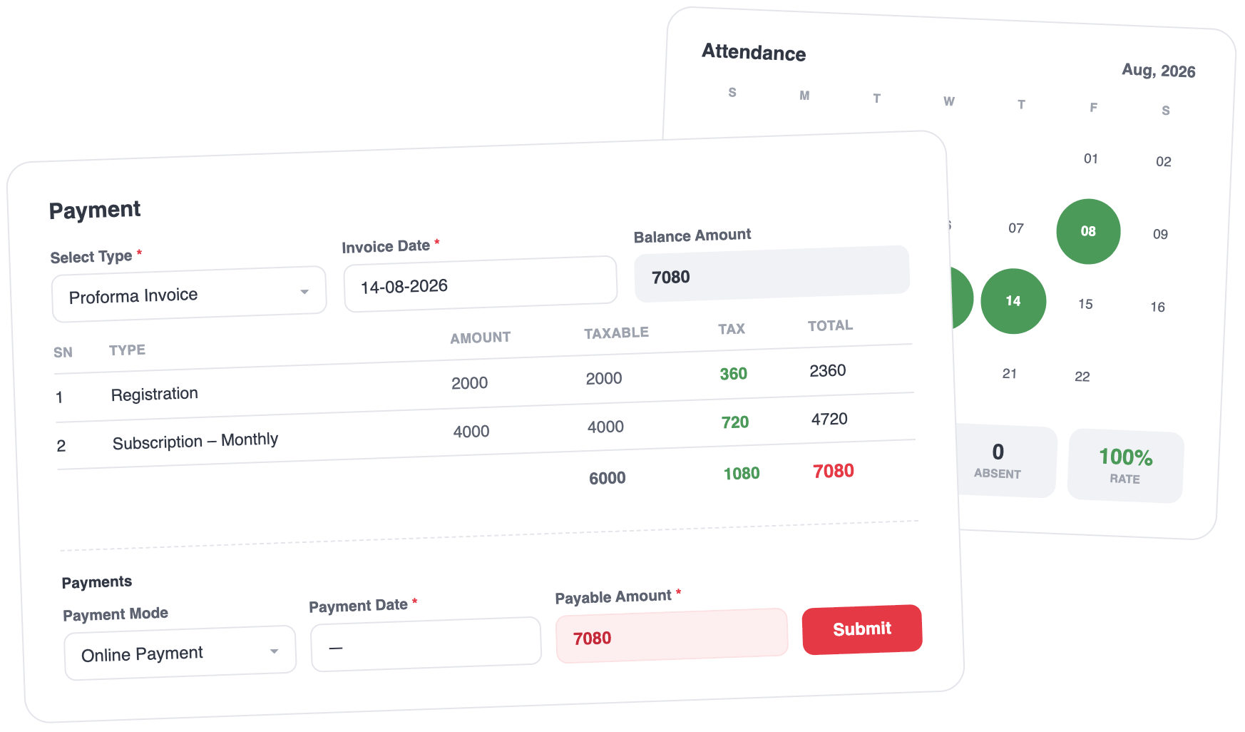 Swimming academy fee management and online payments