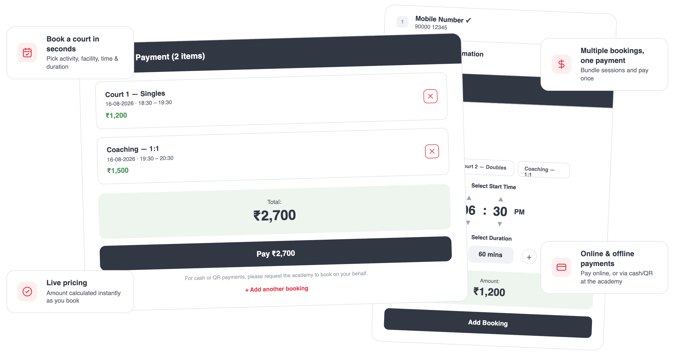 Tennis court booking software with live slot availability