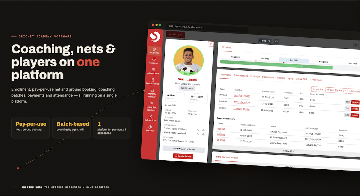 Cricket academy management software dashboard