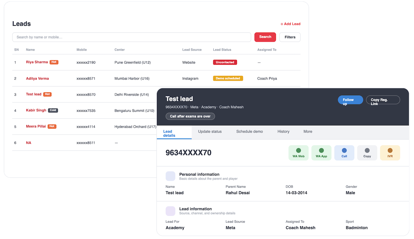 Lead & Enquiry Management - Sportzy sports academy software