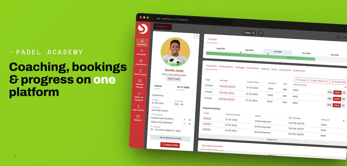 Padel management software dashboard