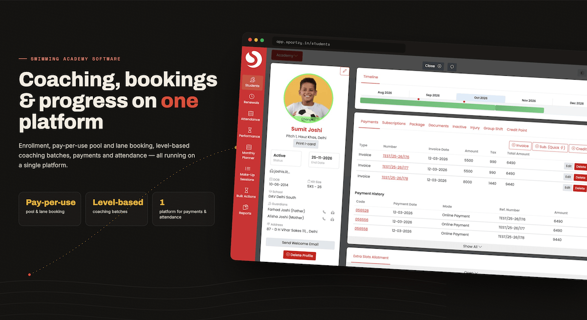 Swimming academy management software dashboard